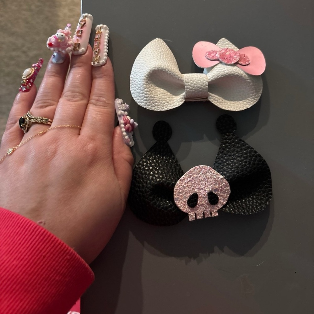 White and Black Bow Set with Pink Accents